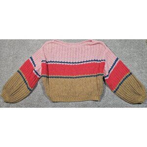 Billabong Cotton Blend Cropped Sweater Striped Quarter Length Sleeve Women's L